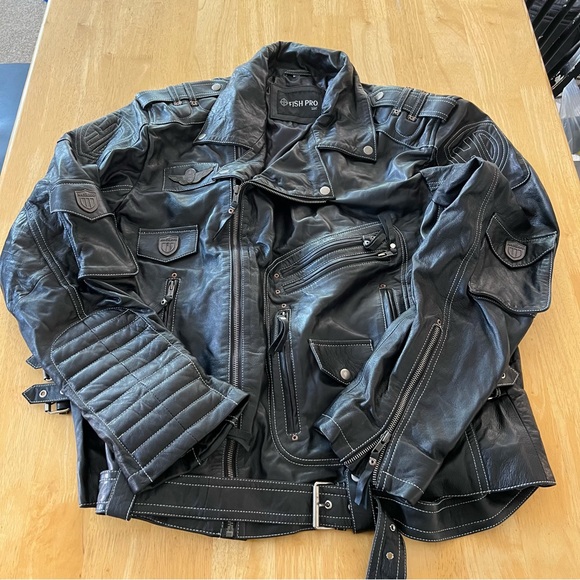 FISH PRO Men's Multi-Pocket Leather Jacket Size 4XL In Black - Picture 1 of 13